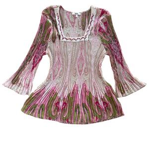 Nicola Women's M Pink Green Paisley Pleated Beaded Bell Sleeves Blouse Y2K Fairy